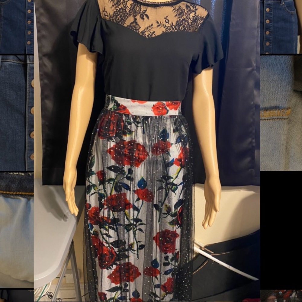Shein Rose and Lace Overlay Sequin Skirt